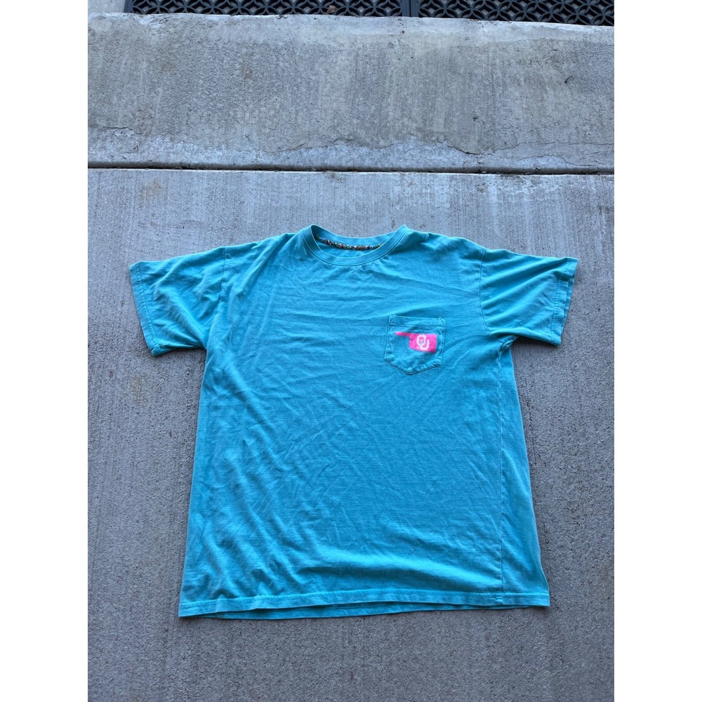 Three Square Oklahoma Sooners OU T-Shirt XL Blue Pink Pocket Tee NCAA